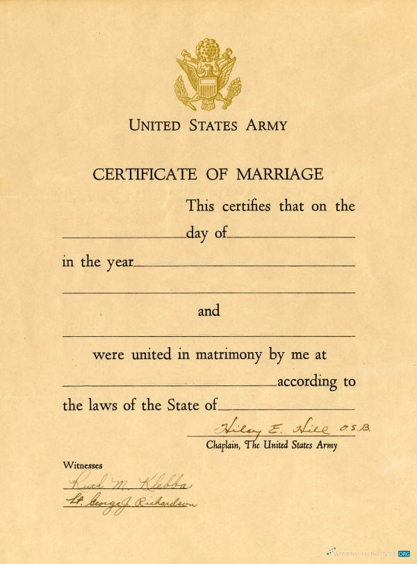Download United States Army certificate of marriage Photoshop template